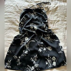 Lulus - satin black floral backless strappy square neck dress